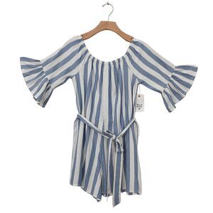 Billabong Romper Womens XS White Blue Striped Belted Bell Sleeve Nautical Beach